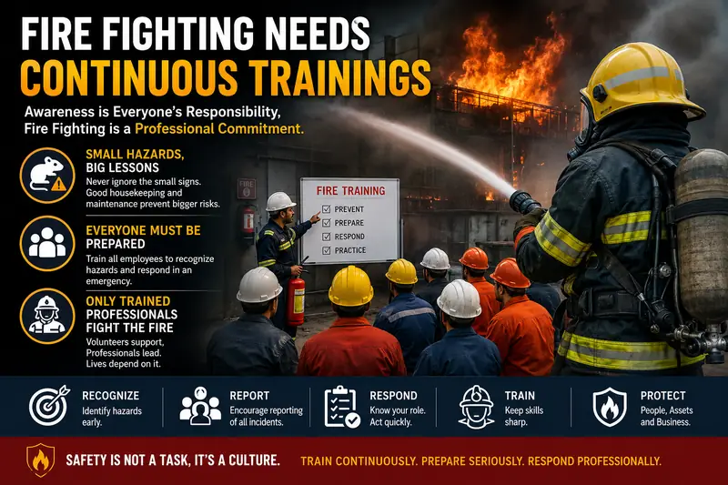 Infographic on continuous fire fighting training, showing hazard awareness, employee preparedness, and professional fire response with a firefighter battling an industrial fire.