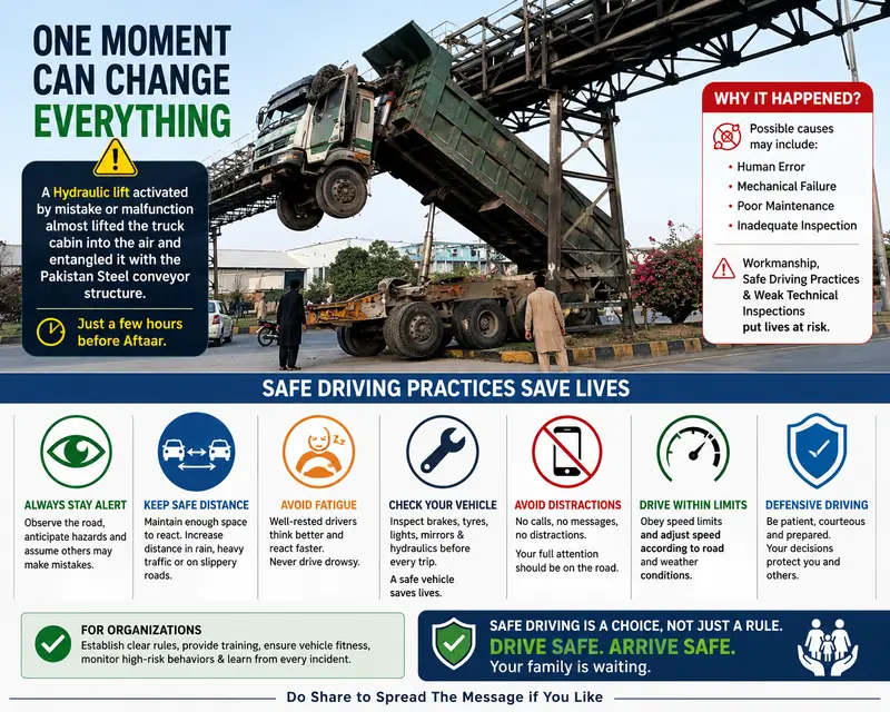 Infographic showing a truck accidentally lifted by a hydraulic conveyor system, with causes of the incident and safe driving practice tips for organizations.
